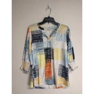 Fantaslook Women Flowy Tunic Top‎ with 3/4 Sleeves, Orange and Blue Plaid, Sz M